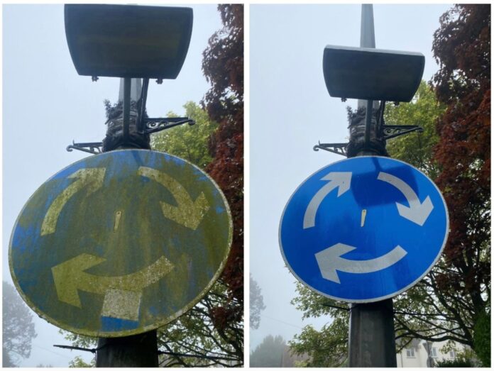 Showing dirty road sign before and after cleaning