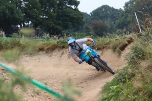 Mountain bike rider tackles one of the turns at the Bull Track