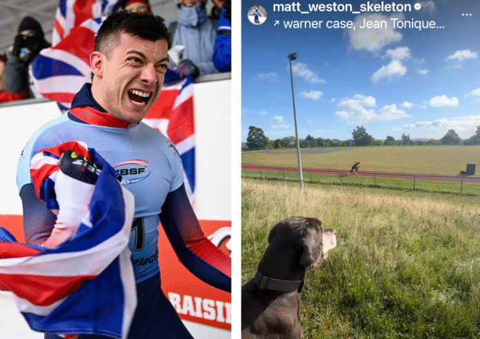 Dog in the foreground watches Olympic athlete, Matt Weston, sprint training at Goldsmiths track