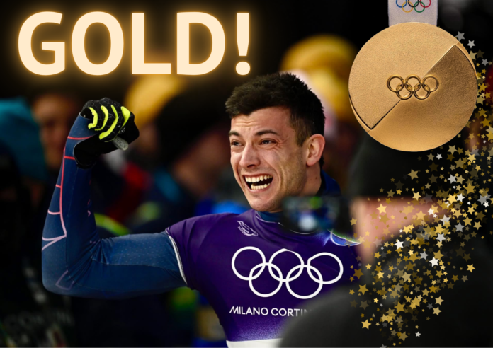 Athlete Matt Weston celebrating his gold medal win