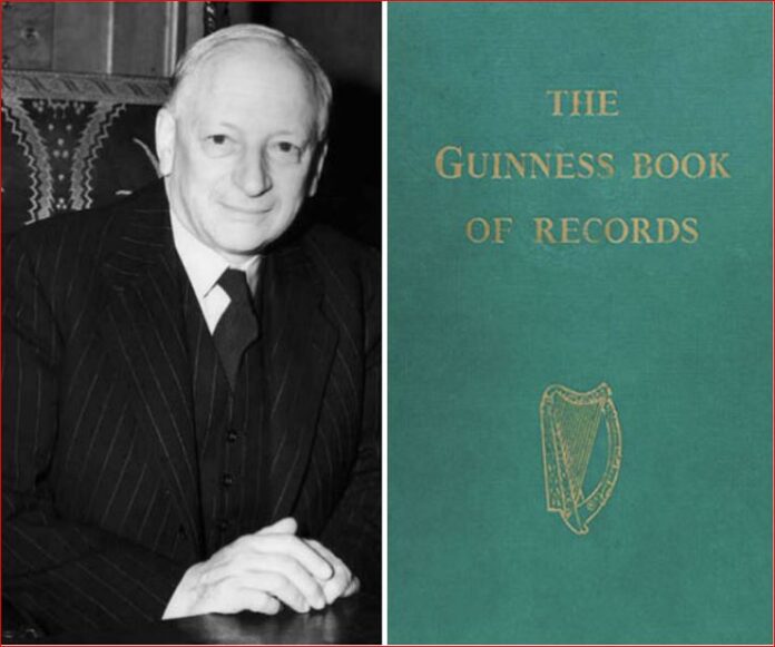 Sir Hugh Beaver alongside the first edition of the Guinness Book of Records
