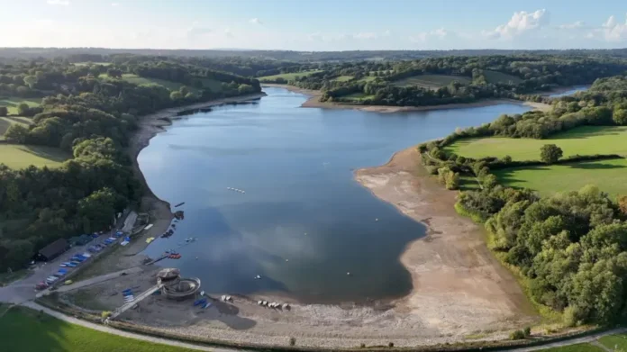 Ardingly Reservoir from above showing water shortage